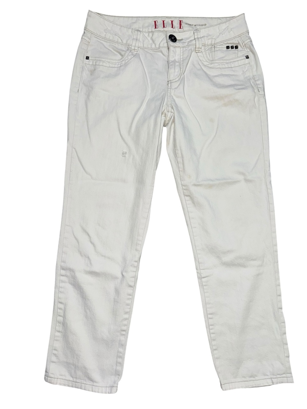 ELLE Skinny Boyfriend White Stretch Jeans Women’s Size 10 Embellished Pockets